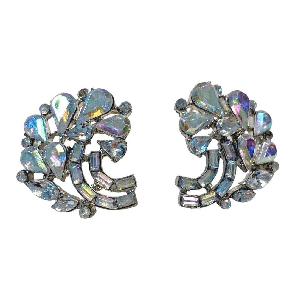 Dressy silver pierced earrings sparkling opalescent rhinestones swirl design